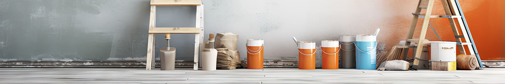 Farbeimer, Leiter und Pinsel
